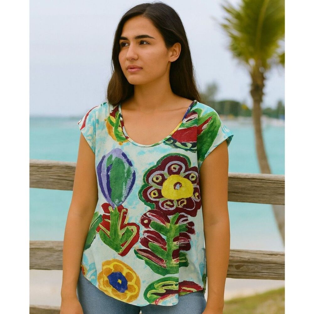 Jams World Flower Field Cap Sleeve Top Womens Size XS Summer Hawaiian Tropical